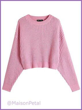 Batwing Cropped Sweater Women's Crew Neck Ribbed Knit Pullover